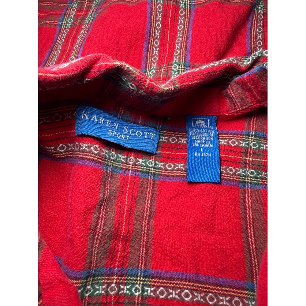 Karen Scott Sport Red Plaid Christmas Embroidered Cute Cotton Shirt Large - Picture 4 of 7